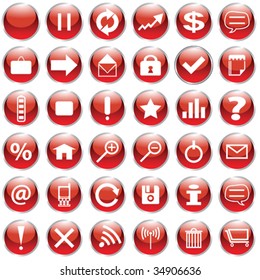 Set of 36 web icons in red and white