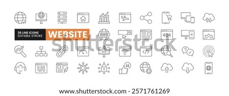 Set of 36 Website line icons set. Website outline icons with editable stroke collection. Includes Server, Domain, User Interface or UI, Coding, Responsive Design, and More.