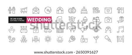 Set of 36 Wedding line icons set. Wedding outline icons with editable stroke collection. Includes Wedding Dress, Invitations, Decorations, Guest List, Budgeting, and More.