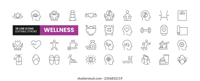 Set of 36 Wellness line icons set. Wellness outline icons with editable stroke collection. Includes Wellness, Sauna, Massage, Diet, Exercise and More.