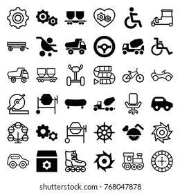 Set of 36 wheel filled and outline icons such as toy car, gear, concrete mixer, skate, baby carriage, disabled, cargo wagon, helm, wheel chair, bicycle, gear sign, saw