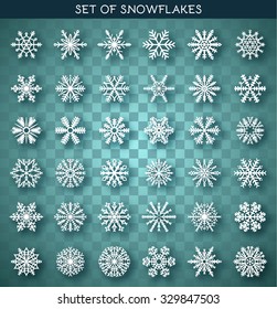 Set 36 white different snowflakes handmade with realistic shadow. Snowflake Flat. New Year's symbols. Snowflakes for design. Winter objects. Festive elements. Snowflake Doodle. Snowflake Sketch