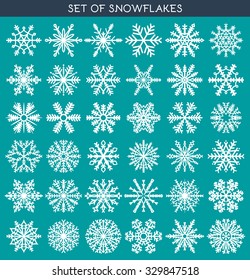 Set 36 white different snowflakes of handwork for design. New Year's symbols.  Winter objects. Festive elements. 