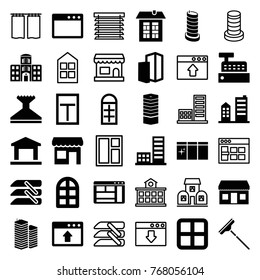 Set of 36 window filled and outline icons such as window, business centre, building, hospital building, blinds, store, download cloud, bulding, curtain