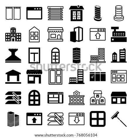 Set of 36 window filled and outline icons such as window, business centre, building, hospital building, blinds, store, download cloud, bulding, curtain