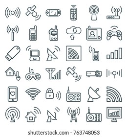 Set of 36 wireless outline icons such as signal tower, joystick, phone, signal, home connection, transmitter, heart mobile, radio, satellite, flash drive, download cloud