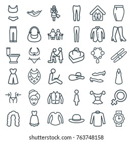 Set of 36 woman outline icons such as female, woman, hairstyle, necklace, bikini, spa mask, slim, sawing, toilet, maid, shoe, dress, sweater, blouse, bag, skirt, jacket
