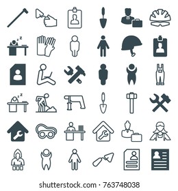 Set of 36 worker filled and outline icons such as hummer and wrench, resume, wrench hummer, man, user, trowel, garden hammer, helmet, clipboard, man sleeping on table