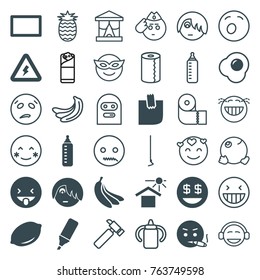 Set of 36 yellow filled and outline icons such as lemon, baby bottle, emo emot, smoking emot, dollar smiley, hoe, house under sun, glued note, highlighter, burst, egg
