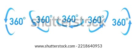 Set of 360 degree icons in flat style. 360 degree rotation. 360 degree overview. Virtual reality. Vertical and horizontal view. Icons with arrows. Vector illustration