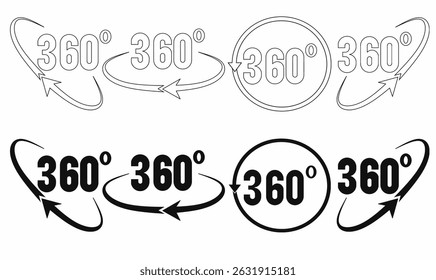 Set of 360 degree rotation icons with circular arrows. Perfect for interactive UI design, virtual tours, 3D views, and ecommerce previews.