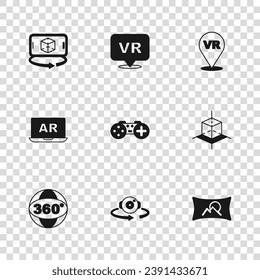 Set 360 degree view, 3d modeling, Wide angle picture, Gamepad, Virtual reality,  and Augmented AR icon. Vector