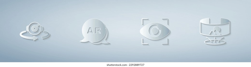 Set 360 degree view, Augmented reality AR, Big brother electronic eye and . Paper art style. Vector