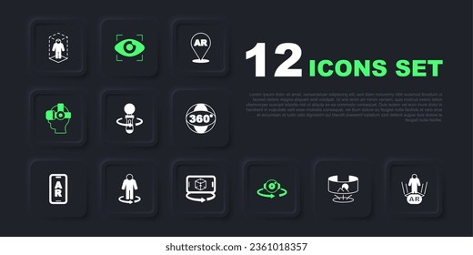 Set 360 degree view, Augmented reality AR, VR controller game, Virtual glasses, 3d modeling, Big brother electronic eye and  icon. Vector