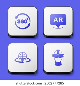 Set 360 degree view, Augmented reality AR, 3d modeling and Virtual glasses icon. White square button. Vector