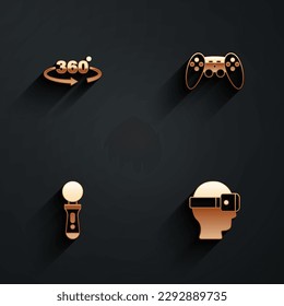 Set 360 degree view, Gamepad, VR controller game and Virtual reality glasses icon with long shadow. Vector