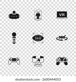 Set 360 degree view, Gamepad, Virtual reality, glasses, 3d modeling and VR controller game icon. Vector