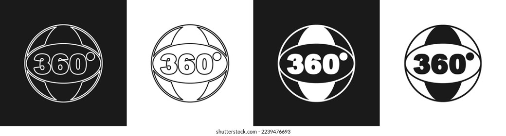 Set 360 degree view icon isolated on black and white background. Virtual reality. Angle 360 degree camera. Panorama photo.  Vector