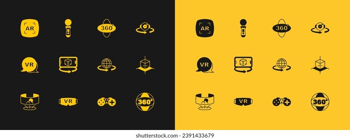 Set 360 degree view, Virtual reality glasses, 3d modeling, Gamepad, Augmented AR and VR controller game icon. Vector
