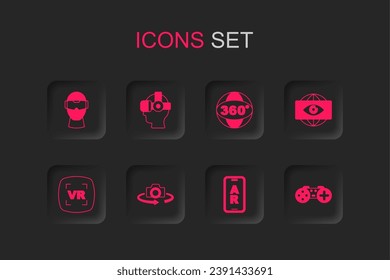 Set 360 degree view, Virtual reality glasses, Augmented AR, Big brother electronic eye, Gamepad,  and  icon. Vector