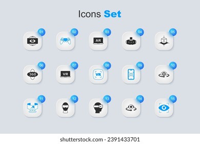 Set 360 degree view, Virtual reality, Gamepad, Big brother electronic eye,  and  icon. Vector