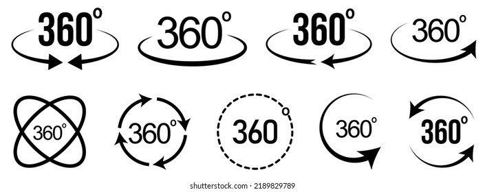 Set of 360 degree views icons. Signs with arrows to indicate the rotation or panoramas to 360 degrees. Vector illustration