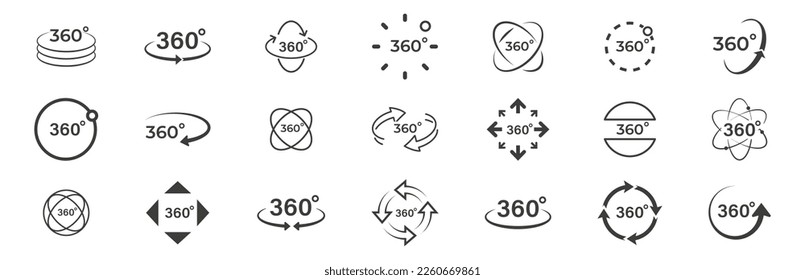 Conjunto de iconos de vistas de 360 grados. Señales redondeadas con rotación de flechas a 360 grados. Iconos de realidad virtual. Señales con flechas para indicar la rotación o panoramas a 360 grados. Ilustración vectorial.