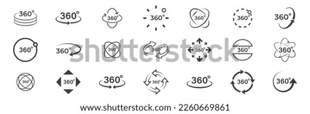 Set of 360 degree views icons. Round signs with arrows rotation to 360 degrees. Virtual reality icons. Signs with arrows to indicate the rotation or panoramas to 360 degrees. Vector illustration.