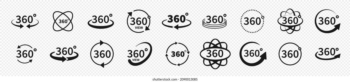 Conjunto de vistas de 360 grados de iconos de círculo vectorial aislados del fondo. Señales con flechas para indicar la rotación o panoramas a 360 grados. Ilustración vectorial.