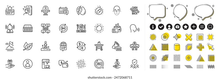 Set of 360 degrees, Fireworks explosion and Sun energy line icons for web app. Design elements, Social media icons. Avatar, Brand, Gas grill icons. Human sing, Mineral oil, Card signs. Vector