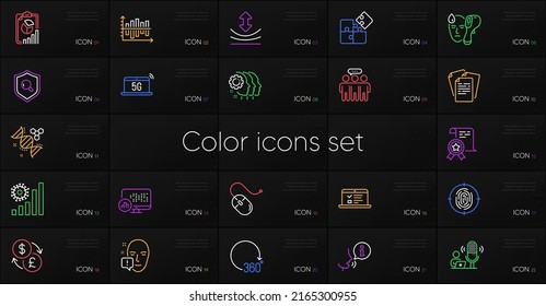 Set of 360 degrees, Inspect and Employees group line icons. Include Documents, Employees teamwork, Currency exchange icons. Web lectures, Computer mouse, Electronic thermometer web elements. Vector