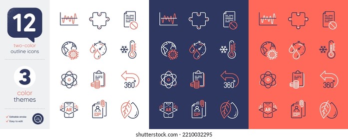 Set of 360 degrees, Low thermometer and Mineral oil line icons. Include Stock analysis, Atom, Interview documents icons. Accounting, Augmented reality, Wrong file web elements. Timer. Vector