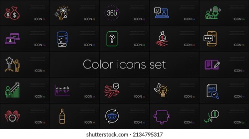 Set of 360 degrees, Star and Puzzle line icons. Include Feedback, Unknown file, Eco energy icons. Refresh cart, Coins bags, Safe time web elements. Water cooler, Income money, Flight insurance. Vector