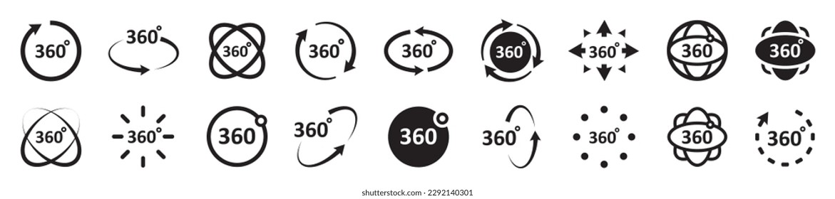 Set of 360 degrees view icons. Panorama to 360 degrees, virtual reality, round signs with arrows rotation to 360 degrees. Vector arrows circle.