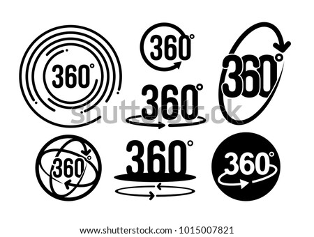 Set of 360 degrees view related graphic element that can be used as a logo or icon for your design. Vector illustration. Modern style with circle lines. Isolated on white background