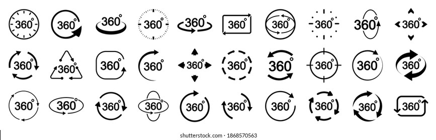 Set 360 degrees view sign, icons with arrows to indicate the rotation or panorama to 360 degrees - stock vector