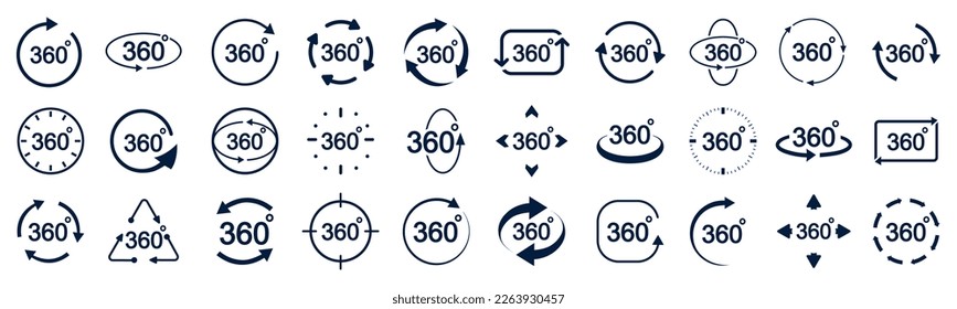 Establecer el signo de vista de 360 grados, iconos con flechas para indicar la rotación o panorámica a 360 grados - vector