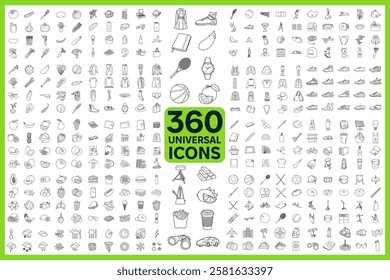 A set of 360 linear icons in a minimalist style. Versatile vector icons covering various themes such as sports, fruits and vegetables, tourism, clothing, design, weather, and business.