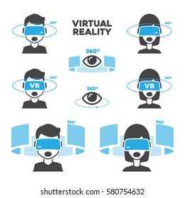 Set 360 Virtual Reality Man And Woman, Icon And Symbol Black And Blue