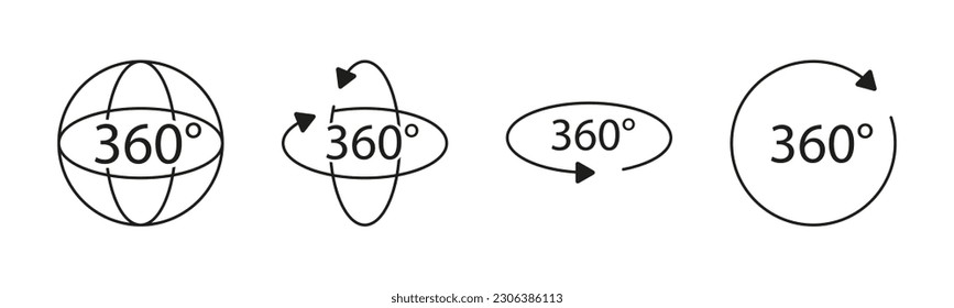 Set of 360-degree icons. A collection of icons representing the concept of a 360-degree view or perspective. These icons can be used to symbolize panoramic views.