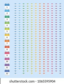 A set of 366 calendar notebook icons, for every day of the year. In a flat style. With the folded edges of the first sheet of paper. Each month has its own distinctive color. 10 eps