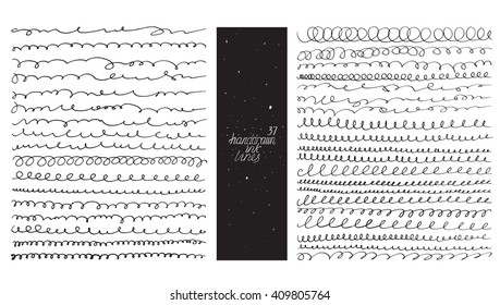 Set of 37 curvy lines, made with hand and liquid ink, freehand, ornate with loops, flourishes, nib blobs. Vector black and white illustration, good for creative designs, drawn with imperfections.