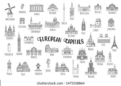 Set of 37 hand drawn landmarks from various European capitals, black ink illustrations