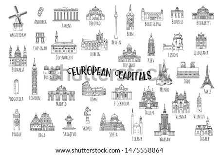 Set of 37 hand drawn landmarks from various European capitals, black ink illustrations