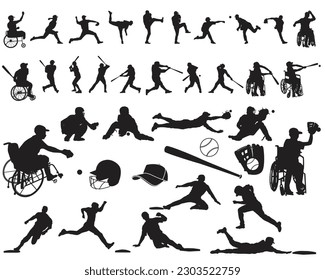 Set of 37 male baseball players with and without disability. Cutout solid icons. Men baseball player silhouettes vector illustration. Wheelchair baseball.