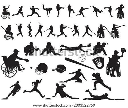 Set of 37 male baseball players with and without disability. Cutout solid icons. Men baseball player silhouettes vector illustration. Wheelchair baseball. ストックフォト © 