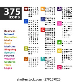 Set of 375 Quality icon ( Business icons , Medical icons , Media icons , Money icons , Food icons , Mobile icons , Weather icons ,Web icons , Shopping icons, Gestures icons, Logos ). Icons set.