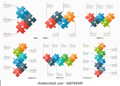 Set Of 3-8 Option Infographic Templates With Puzzle Sections For Presentations, Advertising, Layouts, Annual Reports