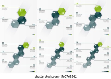 Set of 3-8 option vector infographic templates with 6 hexagons for presentations, advertising, layouts, annual reports