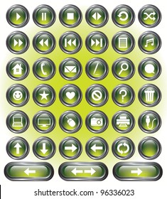 A set of 38 shiny green buttons with metallic borders.